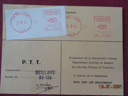 Carte De Contrôle Et D'intervention Sur Machine SATAS Du Bureau De Seillans 1984 - Briefe U. Dokumente