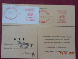 Carte De Contrôle Et D'intervention Sur Machine SATAS Du Bureau De Ramatuelle 1984 - Brieven En Documenten