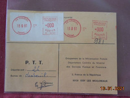 Carte De Contrôle Et D'intervention Sur Machine SATAS Du Bureau De Chabeuil 1981 - Storia Postale