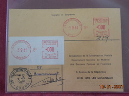 Carte De Contrôle Et D'intervention Sur Machine SATAS Du Bureau De Hérimoncourt 1981 - Storia Postale