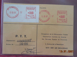Carte De Contrôle Et D'intervention Sur Machine SATAS Du Bureau De Combourg 1981 - Storia Postale