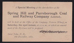 CANADA (1882) Coal Train. 1p Postal Card With Printed Announcement On Reverse For Meeting Of Spring Hill RR - Post Office Cards
