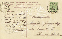 Obliteration Jemelle Bruxelles Ambulant Pondrome Libin 7/1/1908 Carte Embossée Bonne Année Pieces En Or Voir Verso! - Bahnpoststempel