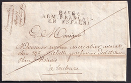 1811. BAYONNE A TOULOUSE. MARCA BAU GAL/ARM. FRANÇAISE EN ESPAGNE. MNS. RECOMMANDÉ. EXCEPCIONAL CARTA COMPLETA. - Army Postmarks (before 1900)