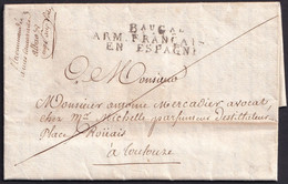 1811. BAYONNE A TOULOUSE. MARCA BAU GAL/ARM. FRANÇAISE EN ESPAGNE. MNS. RECOMMANDÉ. EXCEPCIONAL CARTA COMPLETA. - Sellos De La Armada (antes De 1900)