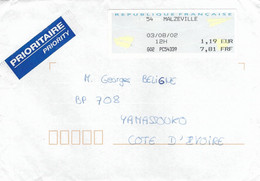 France 2002 Malzeville ATM « Avions En Papier » Cover To Cote D'Ivoire - 2000 Type « Avions En Papier »