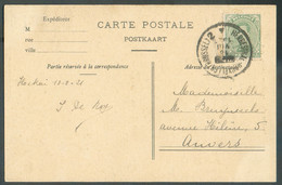 AMBULANT N°137 - 5 Centimes Em. 1915, obl; Sc AMBULANT HERBESTHAL-BRUXELLES (BRUSSEL) 2 sur Carte Du 18-VIII-1921 Vers A - Ambulanti