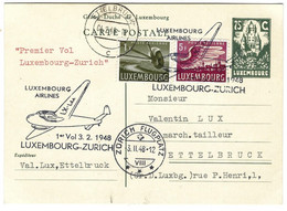 Luxembourg 1948 Vol Postal Zurich ¦ Postal Flight ¦ Flugpost - Covers & Documents