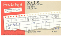 CARTE QSL CARD 1960 RADIOAMATEUR HAM RADIO ZS-7  SWAZILAND UBOMBO RANCHES BIG BEND VIA QSL MANAGER AMITYVILLE NEW YORK - Swaziland