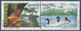 Brazil 1995: Se-tenant - Taim Ecological Station: Swans, Alligator, Fungi, Vegetables, Nature. MNH - Cygnes