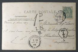 France N°111 Sur CPA Pour WIMBORNE, Angleterre + Taxe Anglaise - 1.3.1905 - (B455) - 1877-1920: Semi-Moderne