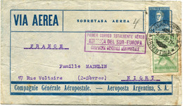 ARGENTINE LETTRE PAR AVION AVEC CACHET " PRIMER CORREO TOTALMENTE AEREO AMERICA DEL SUR - EUROPA COMPAGNIE GENERALE...." - Poste Aérienne