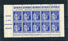 !!! 65 C PAIX, BLOC DE 10 (1/2 INTERIEUR DE CARNET) AVEC PUBS BYRRH - POSTE NEUF ** - Unused Stamps