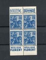 !!! 50C JEANNE D'ARC, BLOC DE 4 AVEC PUBS DENTIFRICE BENEDICTINS - REGLISSE FLORENT NEUF ** - Unused Stamps
