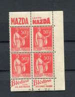 !!! 50C PAIX T2, BLOC DE 4 AVEC BANDES PUBS MAZDA - BLEDINE ET COIN DATE NEUF ** - Unused Stamps