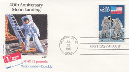 FDC 20th Anniversary First Moon Landing, $2.40 1989 Issue Sc#2419, Astronaut On Moon Image Cachet - America Del Nord