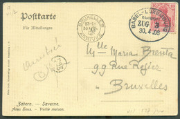 10pfg Germania Obl. Ovale Ambulant BASEL-LUXEMBOURG Bahnpost ZUG 3 Sur C.P. Du 30.4.1908 Vers Bruxelles - 17054 - 1907-24 Abzeichen