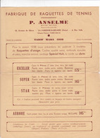 ADDITIF De CATALOGUE ,,,,FABRIQUE De RAQUETTES De TENNIS ,, P. ANSELME,,, La VARENNE ST  HILAIRE,,,1938,,,,TBE   Rare - Sport En Toerisme