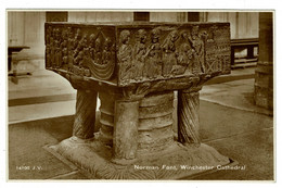 Ref 1445 - Early Real Photo Postcard - Norman Font Winchester Cathedral - Hampshire - Winchester