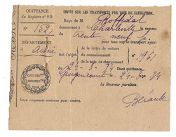 1934 GUIGNICOURT - M. ROFFIDAL HABITANT CHARLEVILLE - QUITTANCE IMPOT SUR LES TRANSPORTS PAR VOIE DE NAVIGATION - Documenti Storici