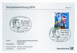 01729) BRD - ⨀-Karte Mi 2911 - SoST Vom 04.03.2016 In 80939 München, 100. Todestag Franz Marc, Briefmarkenbörse - Affrancature Meccaniche Rosse (EMA)