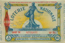 Billet Loterie Nationale Union Fédérale Anciens Combattants 1937 Debitant De Tabac - Lottery Tickets