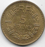 France 5 Francs Lavrillier 1940 - SUP - Andere & Zonder Classificatie