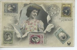 CPA Illustration - Langage Secret Du Timbre - Jeune Femme Dans Un Cartouche - Timbres En Fac Simile - Stamps (pictures)