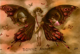 Enfant Papillon * CPA Carte Photo * Bonne Année * Butterfly Papillons * Poilu Et Femme - Butterflies