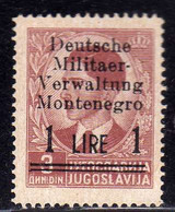 MONTENEGRO 1943 OCCUPAZIONE TEDESCA CETTIGNE SOPRASTAMPATO SURCHARGE LIRE 1 LIRA SU 3d MNH - Deutsche Bes.: Montenegro