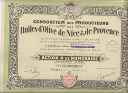 CONSORTIUM DES PRODUCTEURS DES HUILES D'OLIVE DE NICE ET DE PROVENCE -LOT  DE ACTIONS B  -ANNEE 1928 - Agricoltura