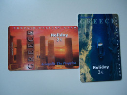 GREECE 2 USED PREPAID CARDS  MONUMENTS LADSCAPES - Culture