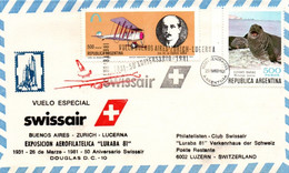Buenos Aires 1981 - Vuelo Especial Swissair Zurich Lucerna Luzern - Expo Luraba 81 - 50° Aniversario - Storia Postale