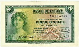 ESPAÑA - 5 Pesetas - Emission 1935 ( 1936 ) - Pick 85 - Serie A - Silver Certificate - 5 Pesetas