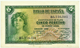 ESPAÑA - 5 Pesetas - Emission 1935 ( 1936 ) - Pick 85 - Serie B - Silver Certificate - 5 Pesetas