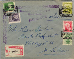 1935 MADRID , SOBRE CERTIFICADO A ST. GALLEN . FECHADOR DE CERTIFICADO SERVICIO INTERNACIONAL , ETIQUETA MADRID / CAMBIO - Storia Postale