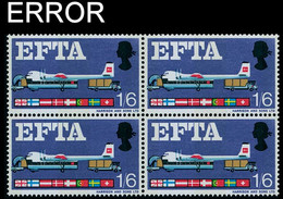 CV:€ 2640.00 Great Britain 1967 Air Carrier EFTA 1/6 MARG.4-BLOCK ERROR:Norwegian Flag GB - Varietà, Errori & Curiosità