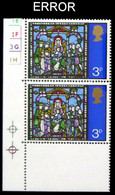 CV:€ 240.00 Great Britain 1971 Xmas Stainless Glass 3p CORNER PAIR ERROR:no Eboss No Phos. - Verres & Vitraux