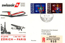 Vaduz Zurich Paris 1981 - DC-9 Swissair - 1er Vol Erstflug First Flight - 50 Jahre - 50ème Anniversaire De La Ligne - Macchine Per Obliterare (EMA)