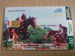 URUGUAY CHIPCARD  SPORTS    $50  JORGE FERNANDEZ  DEPORTES ECUESTRES HORSE JUMPING            Nice Used Card    **4547** - Uruguay