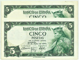 ESPAÑA - 2 X 5 Pesetas - 22.07.1954 - Pick 146 - Serie H - Consecutive Numbers - King Alfonso X - 5 Peseten