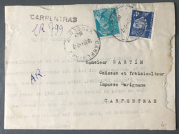 France N°521A Et 549 Sur Enveloppe 7.7.1943, Recommandé De Fortune De Carpentras (Local) - (B3745) - 1921-1960: Période Moderne