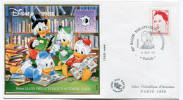 FRANCE ENVELOPPE 1er JOUR DU 46ème SALON PHILATELIQUE D'AUTOMNE PARIS AVEC LE FEUILLET-SOUVENIR DISNEY 1992 + OBL. ILL. - Disney