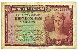 ESPAÑA - 10 Pesetas - Emission 1935 ( 1936 ) - Pick 86 - Serie A - Silver Certificate - 10 Peseten