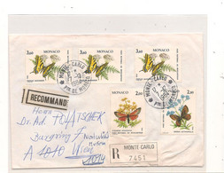 MONACO 7-12-1984  PAPILLONS SUR ENVELOPPE RECOMMANDÉE N° Y/T :1420/1424 - Storia Postale