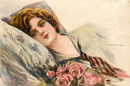 T. CORBELLA * CPA Illustrateur * Femme Allongée Et Fleurs Roses * Mode * N°250-4 - Corbella, T.