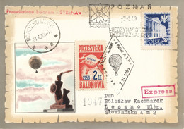 Poland 1959 Souvenir Thincard Posted By Balloon Post From Rogozno To Leszno Flown By Balloon "Syrena" - Balloons