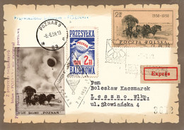 Poland 1959 Souvenir Thincard Posted By Balloon Post From Poznan To Leszno Flown By Balloon "Poznan" - Globos