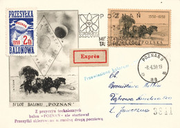 Poland 1959 Souvenir Thincard Posted By Balloon Post From Poznan To Dabrowa Narodowa Flown By Balloon "Poznan" - Balloons