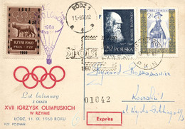 Poland 1960 Souvenir Rome Olympics Games Postcard Posted By Balloon Post From Lodz To Koszalin - Ballons